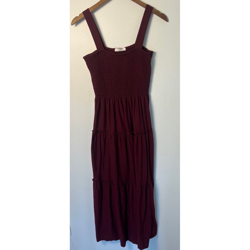 Zenana Maxi Dress W LG Burgundy Smocked Tiered Sleeveless Boho Cottagecore